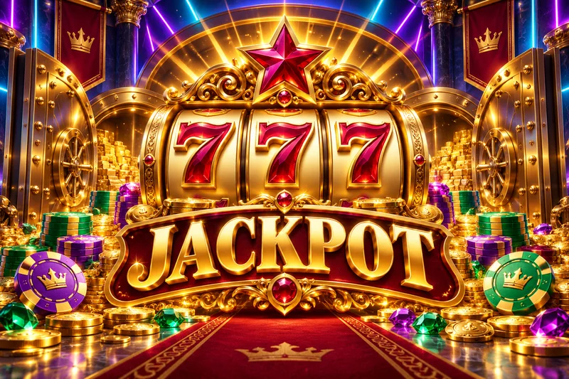 Gold treasure vault, ruby sevens and jewel casino chips — original concept illustration