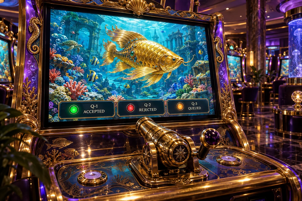Fishing arcade cabinet with separate accepted, rejected and queued request indicators.