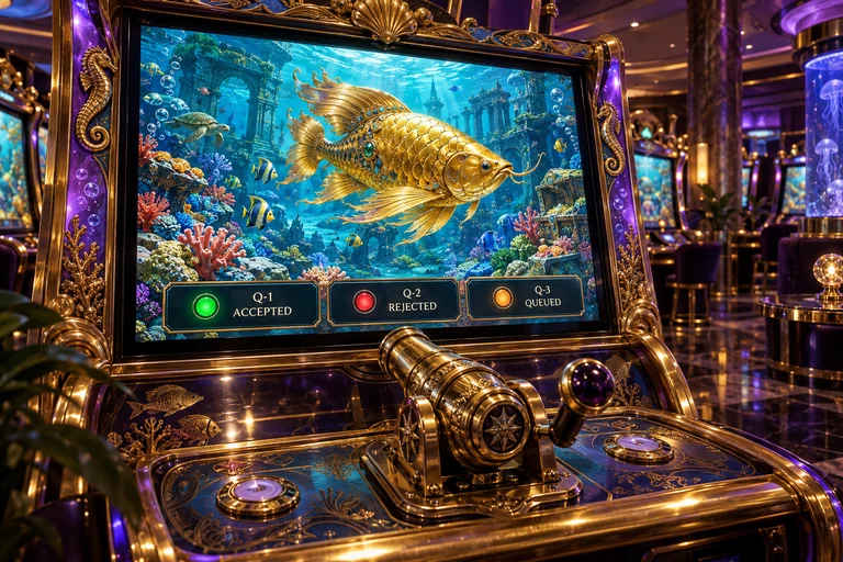 Fishing arcade cabinet with separate accepted, rejected and queued request indicators.