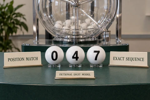 Illustrative lottery balls 0, 4, 7 beside POSITION MATCH and EXACT SEQUENCE teaching plaques
