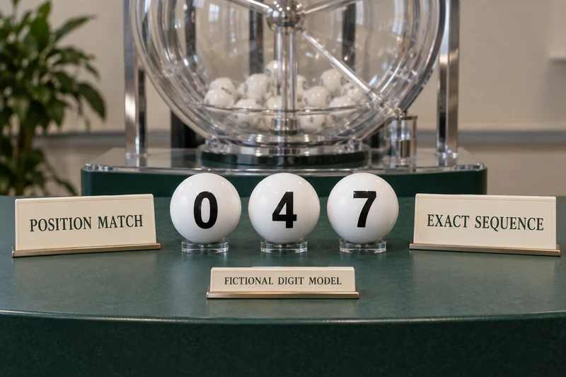 Illustrative lottery balls 0, 4, 7 beside POSITION MATCH and EXACT SEQUENCE teaching plaques