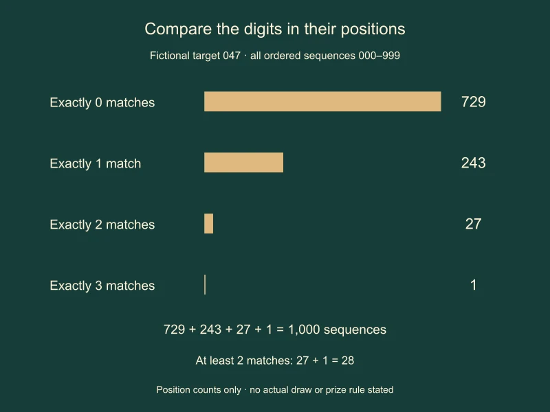 Exactly zero, one, two and three matching positions have 729, 243, 27 and 1 sequences in the fictional three-digit model