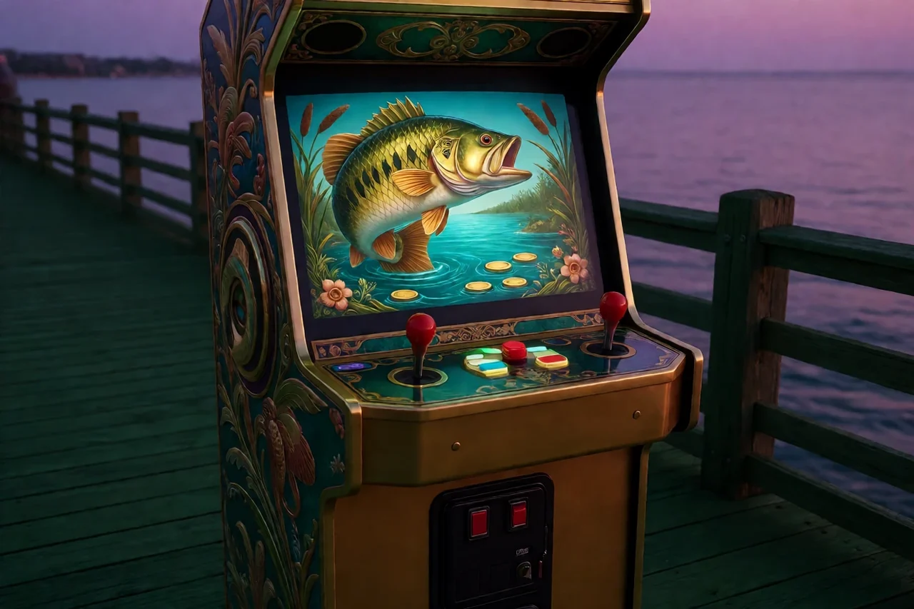 Arcade cabinet on a wooden pier at dusk, its screen showing a golden bass above a turquoise lake with gold coins.