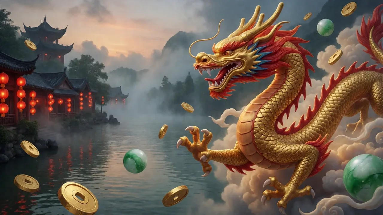 A golden Chinese dragon flying through clouds above a misty river at dusk, with red lanterns on the shore and gold coins and jade orbs in the air