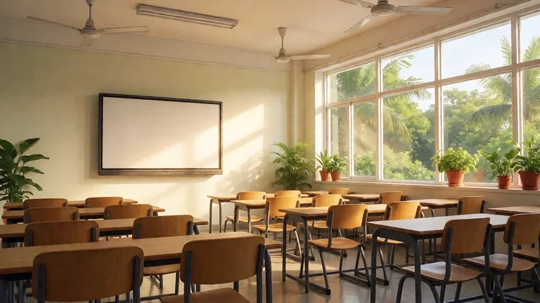An empty sunlit classroom with rows of wooden chairs and tables, ceiling fans, a large blank wall screen, potted plants and tall windows looking out on palm trees