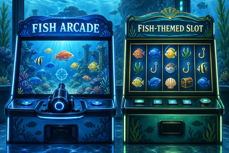 A fish-target arcade display and a fish-themed slot cabinet show different mechanisms.